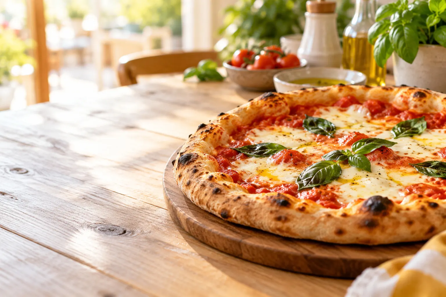 Pizza recién salida del horno con muzzarella y albahaca