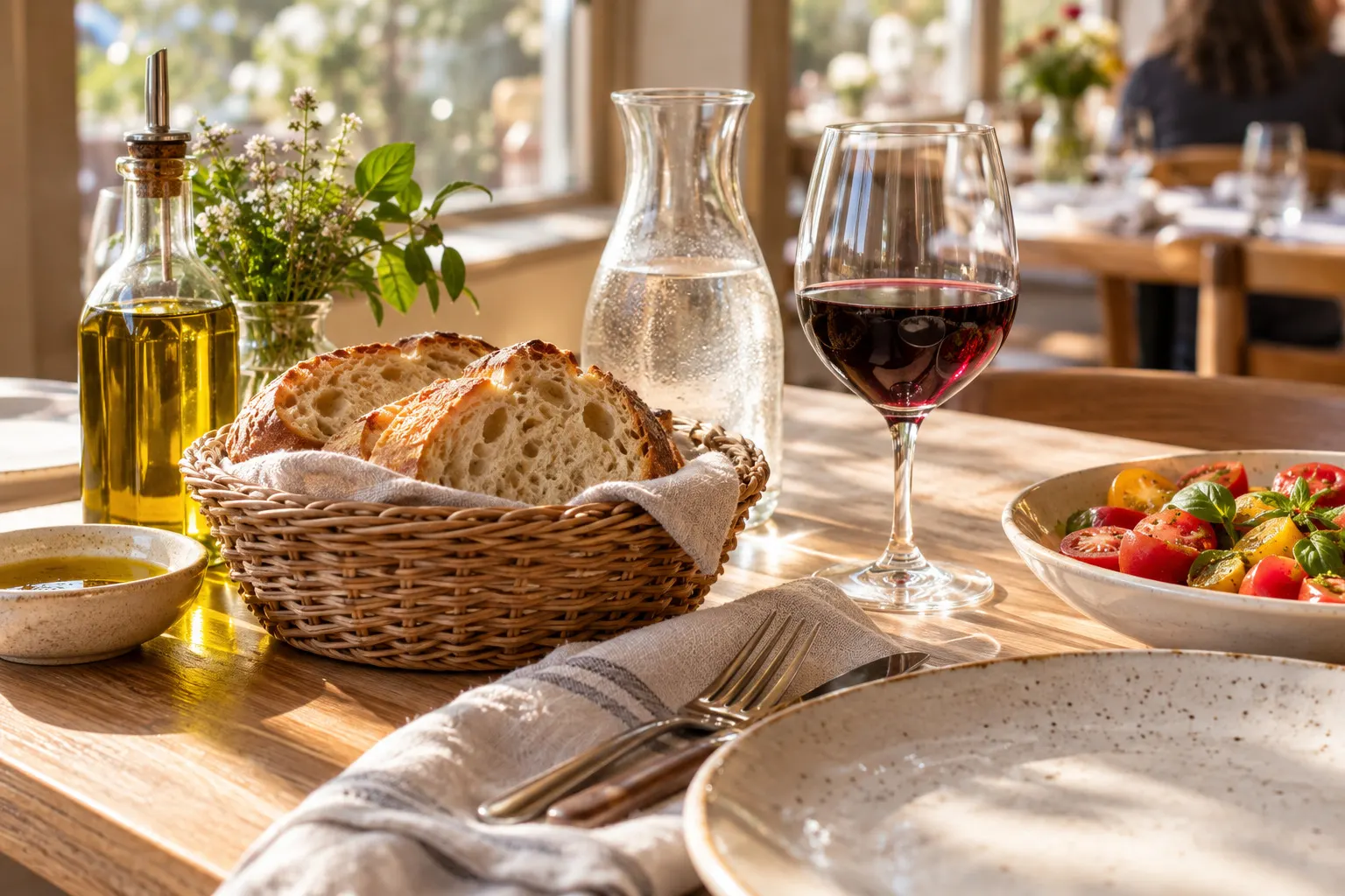Mesa puesta con pan casero y copa de vino