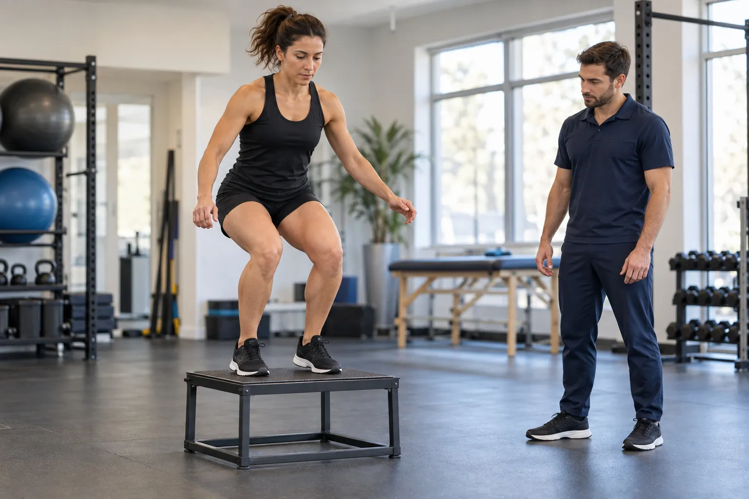 Deportista bajando de un cajón en una prueba de salto supervisada por su kinesiólogo.