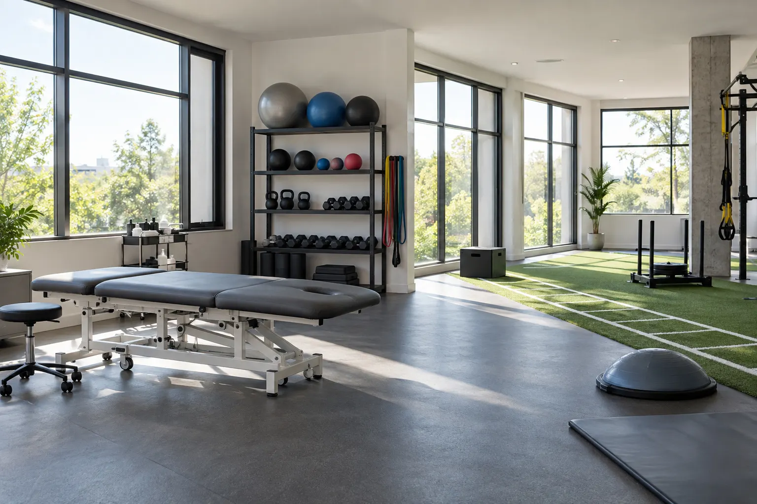 Centro de kinesiología deportiva vacío con camilla, pesas y césped sintético.