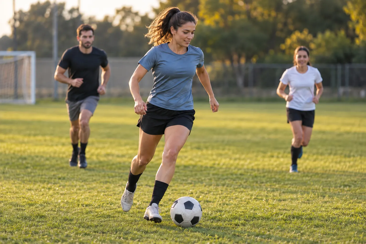 Futbolista conduciendo la pelota en una cancha al atardecer.